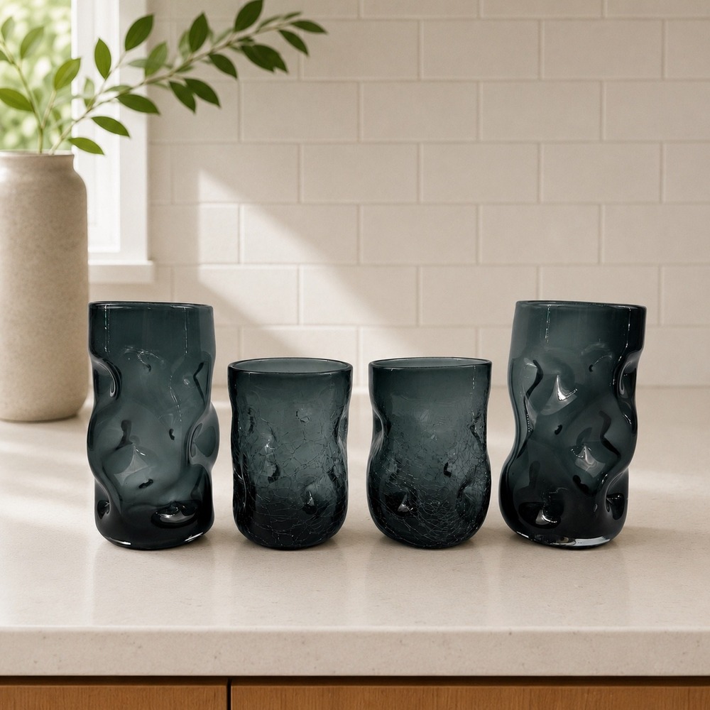 Blenko 418 Charcoal Tumblers Crackle & Smooth Glasses S/L Mix Set of 4